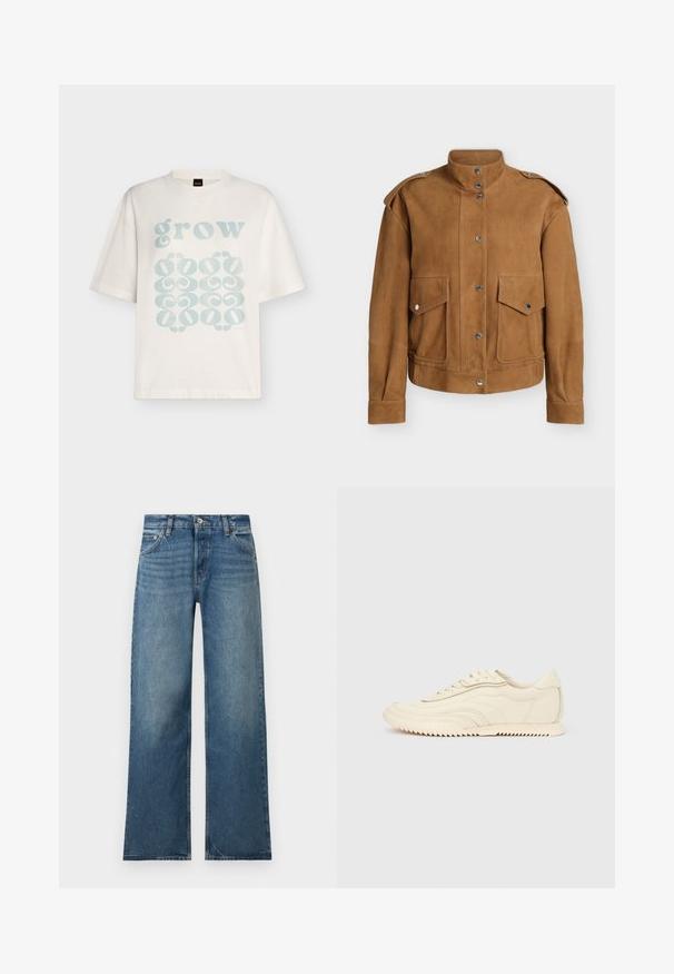 Veste en suède marron avec col montant, fermeture par boutons-pression, épaulettes sur les épaules et deux poches avant à rabat avec boutons-pression.; T-shirt blanc à manches courtes avec texte bleu clair « grow » et motifs décoratifs abstraits en bas sur le devant.; Jean bleu à jambes larges avec fermeture devant à bouton et zip, poches avant et arrière, et détails subtils d'effilochage.; Baskets basses de couleur crème avec des coutures ondulées, une fermeture à lacets et une semelle crantée, vues de côté sur un fond uni.