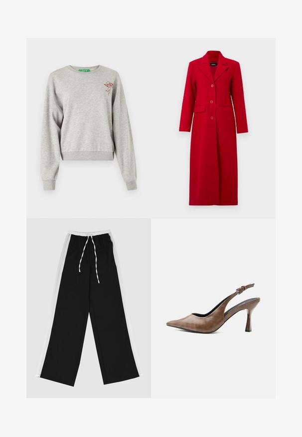 Lange rode jas met kraag, drie knopen en twee voorzakken. Gemaakt van gladde stof, het heeft een getailleerd ontwerp en rechte silhouet.; Lichtgrijze cropped sweatshirt van zacht materiaal, met lange mouwen, geribbelde manchetten en een klein rood geborduurd cherubijnontwerp op de borst.; Zwarte wijde broek met een witte zijstreep, elastische tailleband en trekkoord. Gemaakt van een zachte, gladde stof voor comfort.; Bruine leren slingback met hoge hak, spitse neus, verstelbare gesp en slanke taps toelopende hak.