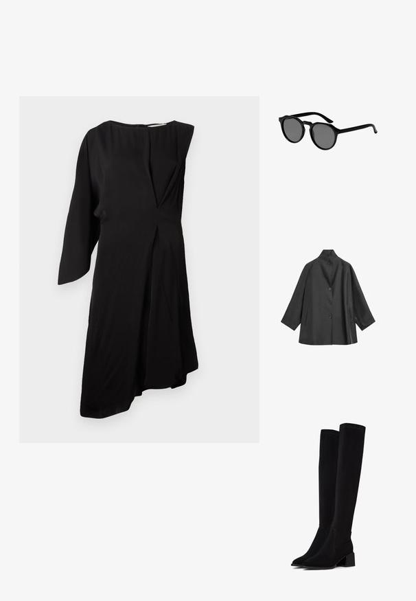 Manteau noir avec un col montant, coupe ample et fermeture à boutons sur le devant. Comprend des poches latérales et des manches trois-quarts. Texture lisse.; Robe noire en tissu lisse, dotée d'un décolleté asymétrique, de manches longues et d'un design de plis à l'avant. Silhouette simple et épurée.; Bottes noires au-dessus du genou en matériau doux et texturé. Caractéristiques d'un talon carré, d'un bout pointu et de coutures visibles.; Lunettes de soleil noires avec des verres ronds, teinte gris foncé et monture en plastique glossy. Présente des branches courbées pour un maintien sécurisé.