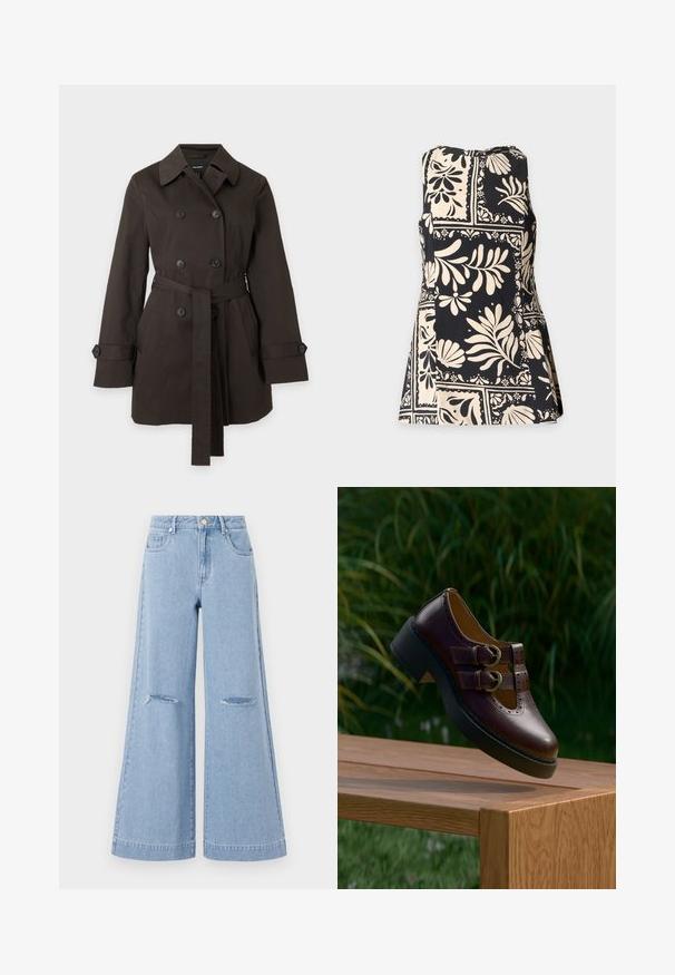 Dunkelbrauner zweireihiger Trenchcoat mit weitem Kragen, Gürtel in der Taille, geknöpften Manschetten und Vordertaschen auf schlichtem Hintergrund.; Ärmelloses schwarzes Top mit cremefarbenen abstrakten Blumen- und Blattmustern in quadratischen Blöcken, auf hellem einfarbigem Hintergrund dargestellt.; Helle blaue Schlagjeans mit hoher Taille, ausgestattet mit zwei vorderen Taschen und zwei Rissen an den Knien, aus Denim-Material gefertigt.; Dunkelbrauner Lederschuh mit doppelten Schnallenriemen, perforierten Details und dicker schwarzer Sohle, schwebend über einem Holztisch im Freien.