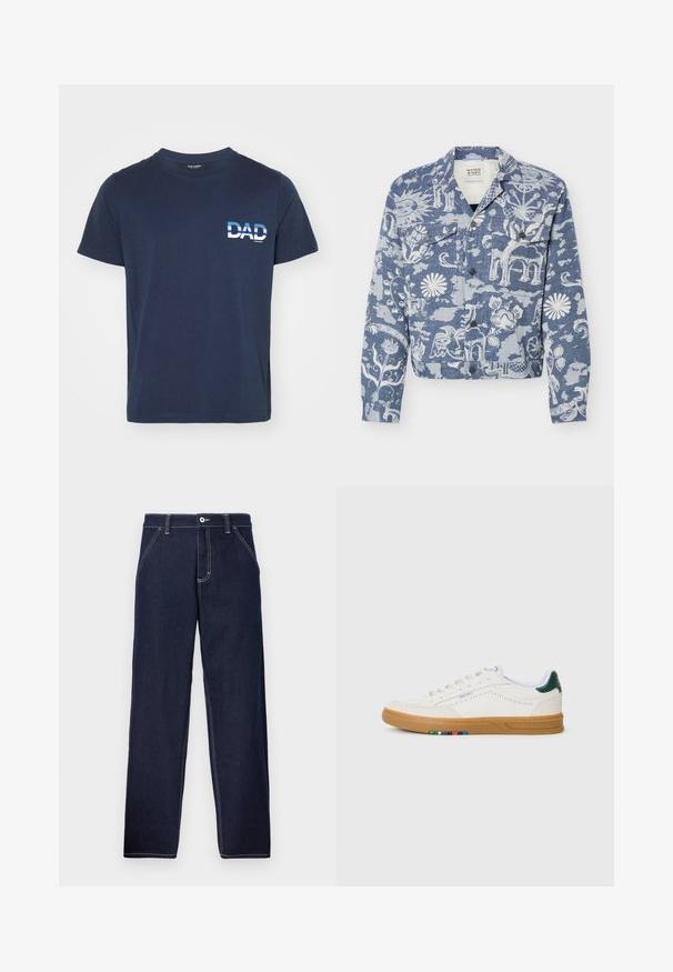 Blauwe spijkerjas met knopen voorop, borstzakken en witte botanische en dierlijke borduursels overal.; Marineblauwe katoenen T-shirt met korte mouwen. Heeft een witte grafische tekst "DAD" aan de linkerkant, in een vet lettertype. Eenvoudig en casual ontwerp.; Donkerblauwe denim broek met een recht model, voorzien van contrasterende stiksels, een knoopsluiting aan de voorkant en een traditionele vijf-pocket stijl.; Witte leren sneaker met geperforeerd ontwerp, gumrubberen zool, groene hielaccent en kleurrijke streepdetails aan de zijkant.