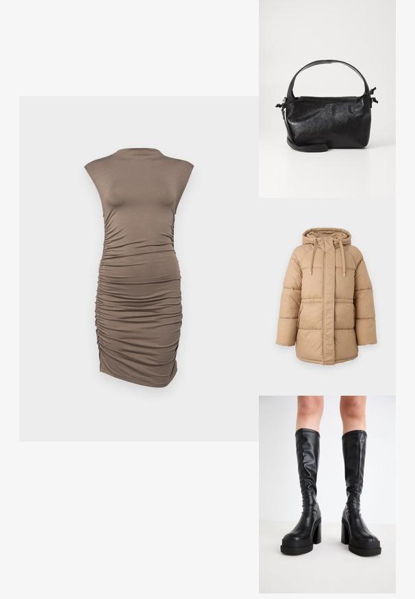 Beige puhvkattega jope kapuutsiga, millel on ees lukk, nööri ja tikandite tekstuur. Sisaldab küljetaskuid ja on lõdvestunud lõikega.; Gina Tricot FUNNEL DRESS - Trikotaažkleit - brown; Mustad kuni põlve saapad, mis on valmistatud siledast nahast, pakuvad paksu platvormi ja plokknina, ning neil on õmblustäited ääres.; Must mustrikujundusega must nahast käekott, ümarate pealmiste käepidemete ja eemaldatava õlalihaga. Omab siledat tekstuuri ja peent sära.