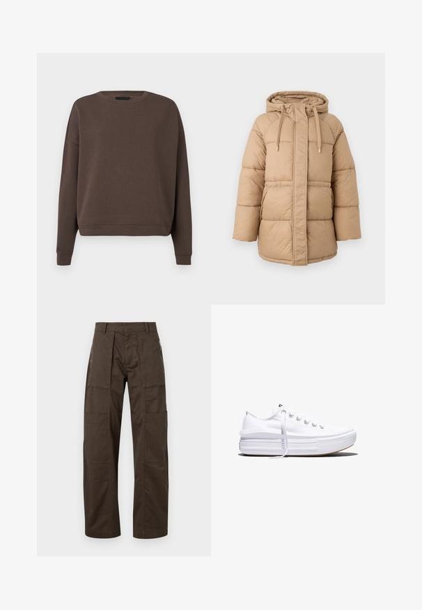 Beige Steppjacke mit Kapuze, ausgestattet mit einem Frontreißverschluss, Kordelzug und gestepptem Design. Beinhaltet seitliche Taschen und eine lockere Passform.; Brauner Pullover mit Rundhalsausschnitt, langen Ärmeln und ribbed Bündchen. Aus weichem Stoff mit glatter Textur und lockerer Passform gefertigt.; Braune Cargo-Hosen aus robustem Stoff, mit mehreren Taschen, einer lockeren Passform und auffälligen Nähdetails für Langlebigkeit.; Weißer Canvas-Sneaker mit niedrigem Schnitt, dicker Plateau-Sohle, vorderer Schnürung und rauer Gummikappe an der Spitze, aus seitlicher Ansicht gezeigt.