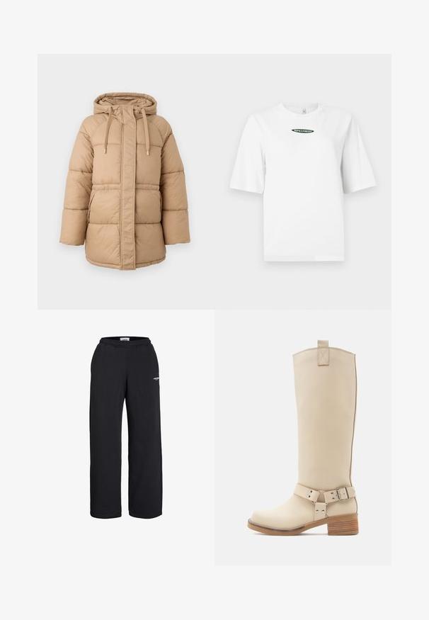 Beige Steppjacke mit Kapuze, ausgestattet mit einem Frontreißverschluss, Kordelzug und gestepptem Design. Beinhaltet seitliche Taschen und eine lockere Passform.; Weißes T-Shirt mit kurzen Ärmeln aus Baumwolle, mit einem grünen "RIPE&FRESH"-Logo in ovaler Form, das auf der Brust zentriert ist.; Schwarze Sweatpants mit geradem Bein, elastischem Bund und kleinem weißem Logo am oberen Oberschenkel, entworfen für den lässigen Gebrauch.; Beiger kniehoher Stiefel aus glattem Leder, mit seitlichem Riemen und Schnalle, kontrastierendem Holzabsatz und einer stabilen Lasche hinten am oberen Rand.