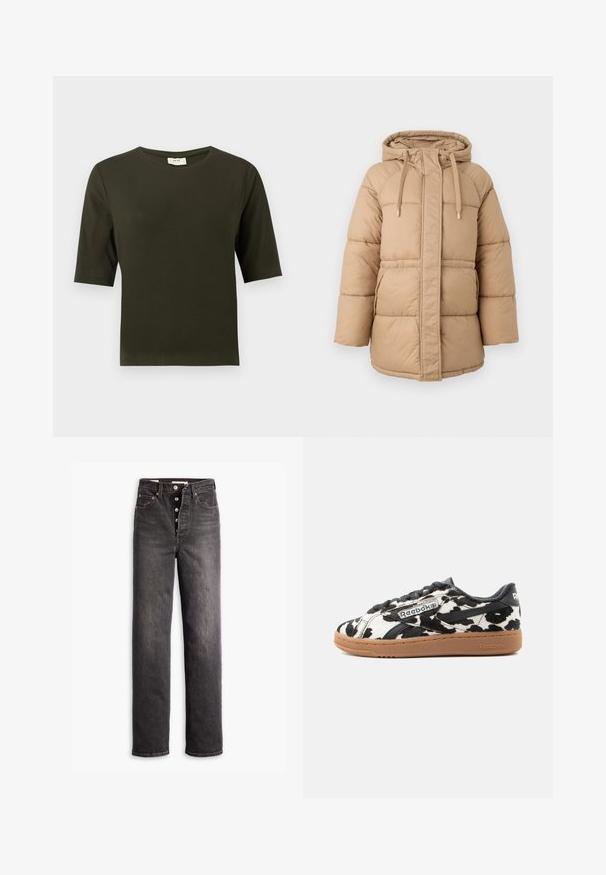 Béžová puff jacket s kapucňou, ktorá má predné zipsové zapínanie, šnúrku na stiahnutie a prešívanú textúru. Obsahuje bočné vrecká a voľný strih.; Tmavozelené tričko s krátkym rukávom a okrúhlym výstrihom, vyrobené z jemnej látky, s jednoduchým a rovným strihom.; Čierne vysoké džínsy s rovnými nohavicami, vyrobené z denimu. Obsahujú zapínanie na gombík, medené kovové akcenty a kontrastné šitie.; Nízke tenisky Reebok s čierno-bielym vzorom kravy na zvršku, čiernymi detailmi a gumovou podrážkou na bielom pozadí.