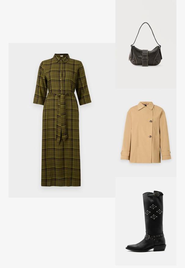Vaalean beige kaksirivinen takki, jossa on leveä kaulus, kaksi nappia, sivutaskut ja hihansuiden raitit. Valmistettu sileästä ja kevyestä kankaasta.; Vihreä ruudullinen midi-mekko, jossa on kauluskotelo, kolmanneksen pituiset hihat, nauhavyö ja napitushyväksyntä edessä.; Musta nahkainen keskikorkea saapas, jossa hopeiset niitit timantinmuodostelmissa, solkikiinnitteiset remmit lähellä varren yläosaa ja nilkkaa sekä matala vino korko.; Musta nahkainen olkalaukku, jossa solkikiinnitys, pyöristetyt reunat ja vastavärinen valkoinen ommel yksivärisellä taustalla.