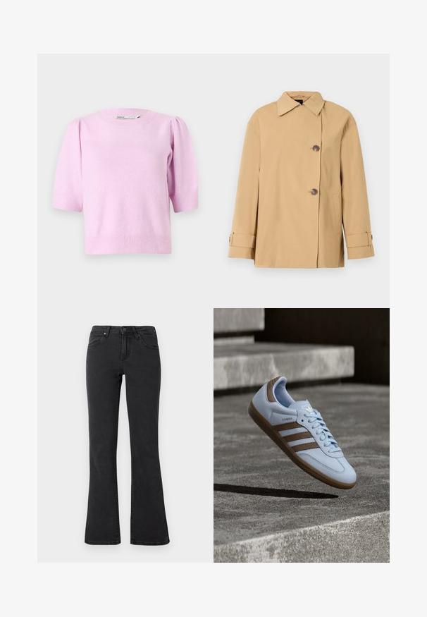 Beige kahepoolne jakk laia kraega, kahe nööbiga, küljetaskute ja mansetivöödellega. Valmistatud sileda ja kergest kangast.; Roosa lühikeste varrukatega sviiter, millel on ümar kaelus, soonikkoes mansetid ja pehme tekstuur, õlgadel on peened puhvdetailid.; Mustad kõrge vöökohaga teksapüksid, millel on laiendatud sääred, ees käevärgi sulgemine ja viie taskuga stiil lihtsal taustal.; Hele sinine toss pruuni seemisnahksete detailidega, millel on kolm küljele suunatud triipu, lamedad paelad ja tekstuuriga kummist tald. Brändi logo keelega.