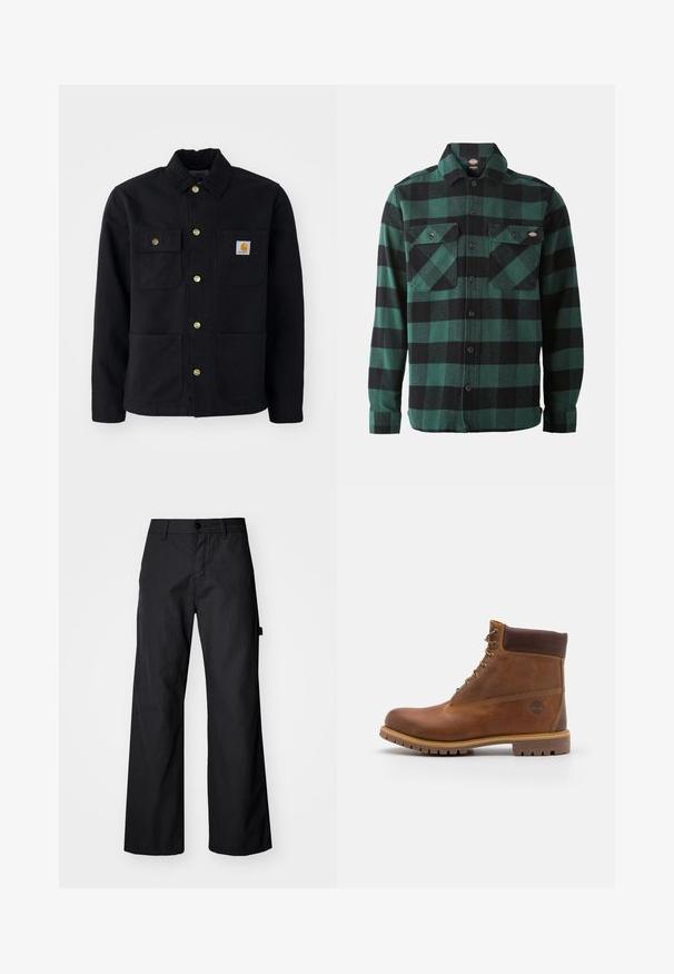 Veste noire en tissu durable, avec un col, des boutons dorés, deux poches poitrine et un écusson logo carré sur la poche gauche.; Chemise en flanelle à carreaux verts et noirs, à manches longues, devant boutonné, avec deux poches poitrine et un col classique. Texture douce, design polyvalent.; Pantalons larges noirs en tissu durable. Fermeture à bouton et poches latérales. Texture lisse avec un design épuré.; Botte de randonnée en cuir marron avec une finition lisse, cheville rembourrée, œillets en métal et semelle en caoutchouc dotée d'un motif de crampons robuste.