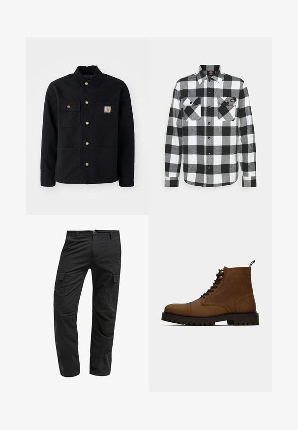 Chaqueta negra hecha de un tejido duradero, con cuello, botones dorados, dos bolsillos en el pecho y un parche cuadrado de logo en el bolsillo izquierdo.; Camisa de franela en blanco y negro con un patrón de cuadros, que cuenta con dos bolsillos en el pecho, cierre frontal con botones y un cuello. Tela suave y texturizada.; Pantalones cargo negros con corte recto, fabricados en tejido duradero, con múltiples bolsillos laterales y un cierre de botón en la cintura.; Botín de cuero marrón con cordones, pernas cortas y suela negra gruesa con relieve, con una pestaña de agarre, sobre un fondo blanco.