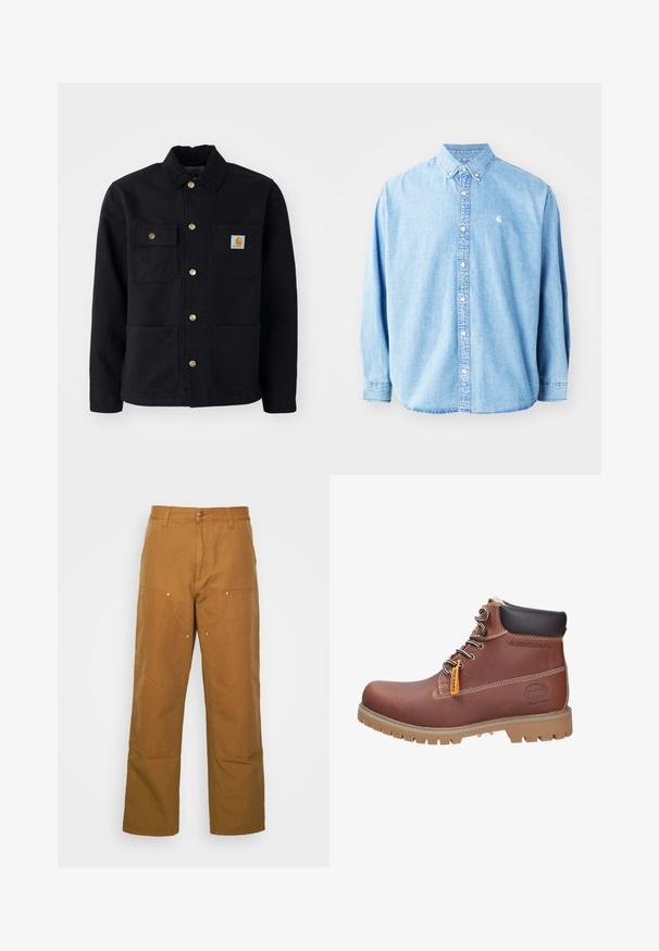 Veste noire en tissu durable, avec un col, des boutons dorés, deux poches poitrine et un écusson logo carré sur la poche gauche.; Chemise en denim bleu clair à boutons avec manches longues, col pointu et petit logo sur la poitrine gauche. Offre une coupe décontractée et un design classique.; Pantalons utilitaires en coton marron avec une coupe droite, dotés de poches avant et d'accents en métal pour une durabilité accrue.; Bottines en cuir marron avec œillets métalliques, semelle extérieure robuste et col rembourré. Comprend une étiquette de marque jaune et des coutures contrastées.