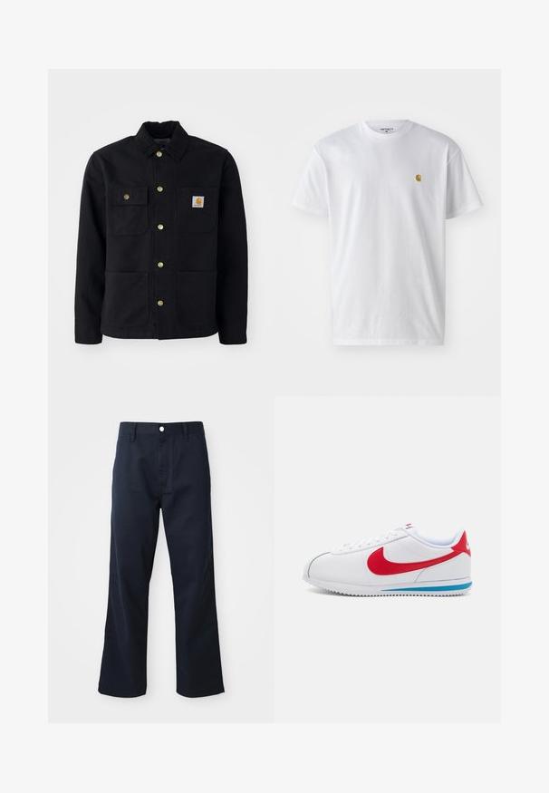 Chaqueta negra hecha de un tejido duradero, con cuello, botones dorados, dos bolsillos en el pecho y un parche cuadrado de logo en el bolsillo izquierdo.; Camiseta de algodón blanca con mangas cortas, cuello redondo, que presenta un pequeño logo dorado en la parte izquierda del pecho. Textura suave y corte regular.; Pantalones de algodón azul marino con un diseño de pierna recta, que cuentan con un cierre de cremallera, botón y bolsillos frontales. Textura suave y acabado limpio.; Zapatilla blanca con acentos rojos, con una parte superior de cuero suave, punta redonda y una suela azul. Diseño con cordones y detalles de costura visibles.
