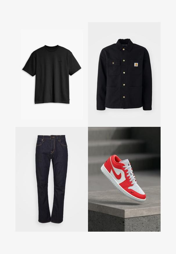 Veste noire en tissu durable, avec un col, des boutons dorés, deux poches poitrine et un écusson logo carré sur la poche gauche.; T-shirt en coton noir avec col rond et manches courtes. Doté d'un logo discret à l'avant et d'un ourlet droit. Design simple et minimaliste.; Jean en denim bleu foncé avec une coupe droite, présentant des coutures orange, cinq poches et une fermeture à bouton sur le devant. Texture lisse.; Basket basse en blanc et rouge avec un swoosh Nike rouge, des lacets blancs et un bout perforé, suspendue au-dessus d’un rebord en béton.
