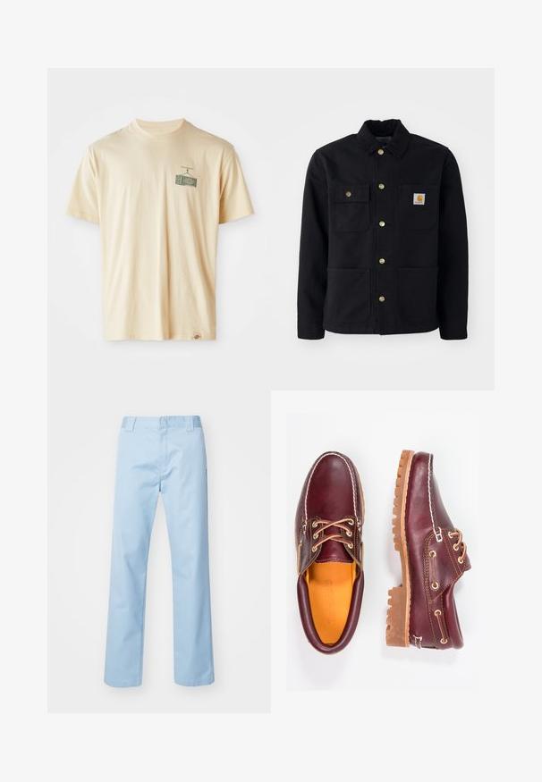 Sort jakke lavet af slidstærkt stof, med krave, guldknapper, to brystlommer og et firkantet logo-patch på venstre lomme.; Cremefarvet bomulds-T-shirt med rund halsudskæring, korte ærmer og et grafisk tryk på venstre bryst, der viser et vintage fjernsyn.; Lyseblå lige bukser lavet af en blanding af bomuldsstof. Har en flad frontlinning, sidelommer og ingen synlige mønstre eller udsmykninger.; Bordeaux lædersko med brune gummisåler, rund tå, hvid syning og gyldne snøringer. Indersiden har et gult for.
