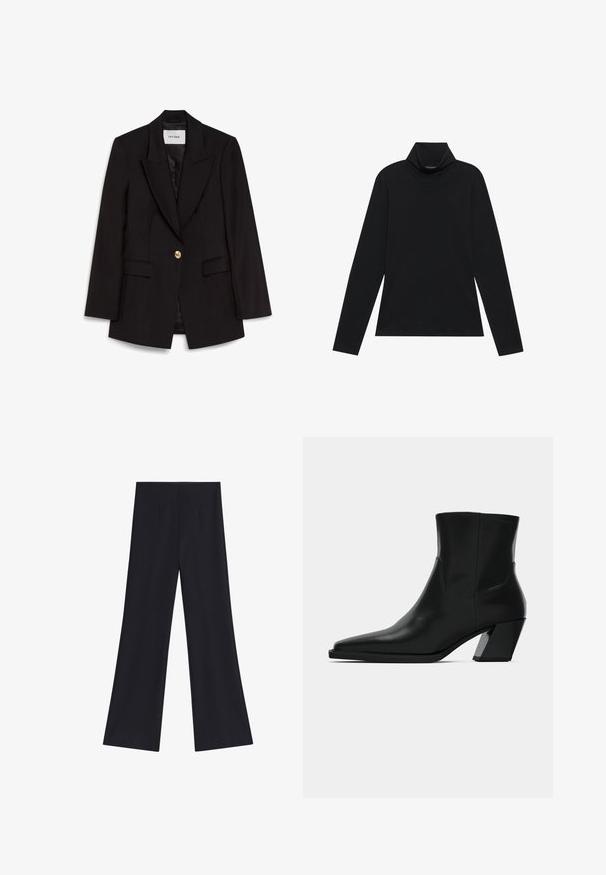 Sort skræddersyet blazer med spids krave, enkelt guldknaplukning, to klaplommer og satinfor. Glat stof; struktureret pasform.; Sort turtleneck med lange ærmer. Blødt stof, tætsiddende design, høj krave og sidesøm. Simpel og alsidig stil, der er velegnet til lag-på-lag.; Sorte vidde bukser med høj talje og forreste folder, vist på en ensfarvet hvid baggrund.; Sortlæder ankelstøvle med spids tå, en slank silhuet og en kraftig firkantet hæl. Glat tekstur med minimale stikninger.