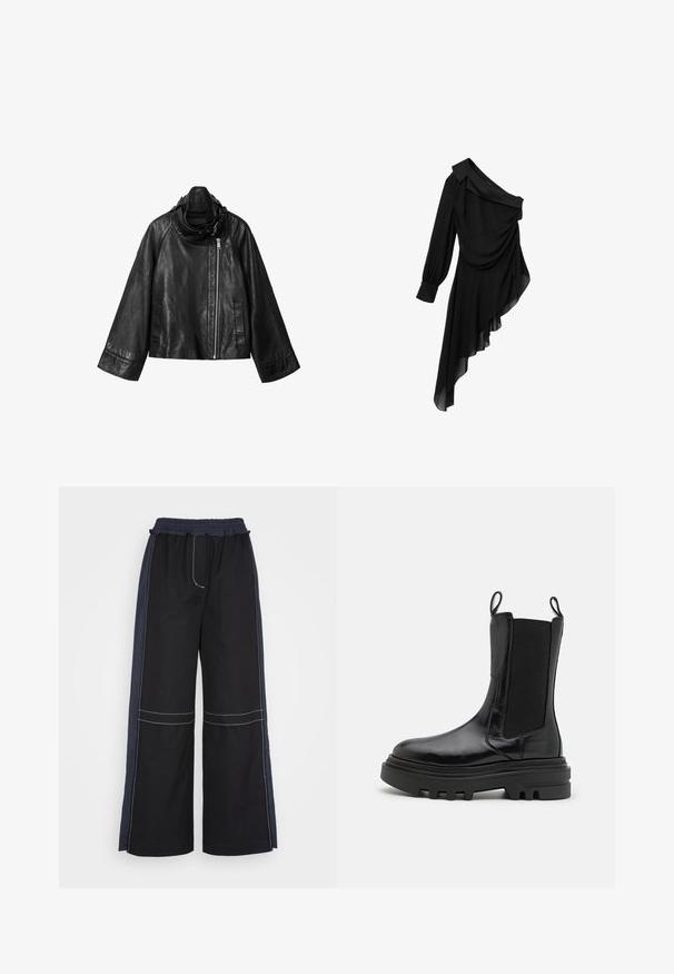 Veste en cuir noire asymétrique avec manches larges, col haut et fermeture éclair argentée décalée sur fond blanc.; Robe noire en tissu fluide, avec un design asymétrique à une épaule, un devant drapé, une longue manche et un ourlet inégal.; 3.1 Phillip Lim COMBO UTILITY PANT - Pantalon classique - black eclipse; Bottines noires à la finition cuir brillante, avec des panneaux latéraux élastiques, des languettes de tirage et une semelle en caoutchouc épaisse et texturée. Design massif, silhouette épurée.