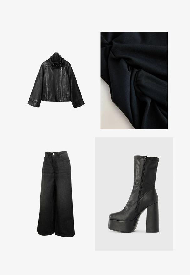 Schwarze asymmetrische Lederjacke mit weiten Ärmeln, hohem Kragen und dezentralem silbernem Reißverschluss auf weißem Hintergrund.; Schwarzer Stoff mit sichtbarer Textur und Falten, die weiche Schatten und Lichtreflexe auf einer hellen Oberfläche erzeugen.; Schwarze weit geschnittene Jeans mit hoher Taille, Frontknopf, Taschen und dezentem Logo auf der Vorder-Tasche.; Schwarze Leder-Ankle Boots mit hohen Blockabsätzen, Plateau-Sohle und einem seitlichen Reißverschluss für den Verschluss. Glatte Textur mit abgesteppten Details.