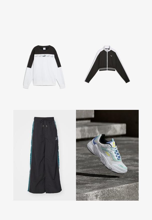 Veste de survêtement noire et blanche coupée, avec fermeture éclair intégrale à l'avant, logo Puma blanc sur la poitrine, et taille et manches élastiques à rayures.; Sweatshirt blanc avec un panneau supérieur noir, arborant un logo "PUMA" gris répété. Fabriqué en tissu doux avec des manches longues et un col rond.; Pantalons larges noirs avec une taille à cordon de serrage, des panneaux latéraux teal et des rayures blanches. Fabriqués à partir d'un matériau lisse et léger.; Baskets FILA blanches, bleues et vert menthe avec logo jaune, suspendues au-dessus de marches en béton projetant une ombre en dessous.