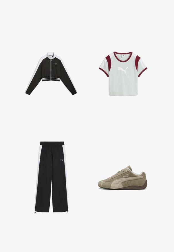 Sort-hvid beskåret træningsjakke med fuld frontlynlås, hvid Puma-logo på brystet og stribet elastisk talje og ærmer.; Kortærmet lysegrå Puma T-shirt med hvidt logo, vinrød krave, ærmekanter og skulderpaneler.; Nejagtige sorte træningsbukser med hvide sidestipes, elastisk talje og snoretræk ved kanten. Har et lille hvidt logo.; Suedesneakers i lysebrun med mørkere accenter, med et lavprofil design, snørebåndslukning og et mærke logo på siden.