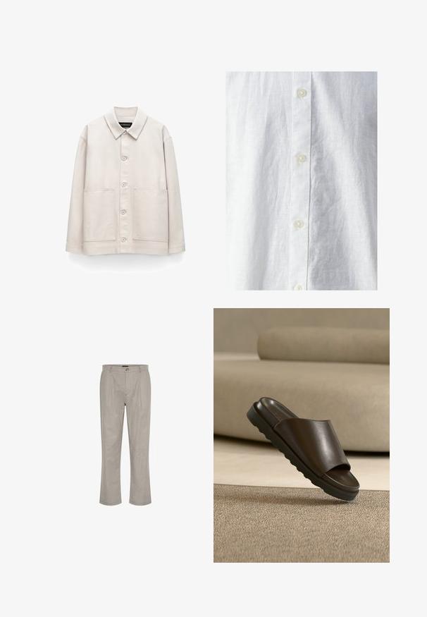 Beige langärmelige Hemdjacke mit Kragen und zwei großen Fronttaschen, dargestellt vor einem weißen Hintergrund.; Weißes Leinenhemd mit strukturierter Oberfläche, ausgestattet mit einer Knopfleiste auf der Vorderseite und drei sichtbaren Knöpfen. Klassisches Design ohne Muster.; Helle graue Leinenhose mit geradem Schnitt, ausgestattet mit einem einzelnen Knopfverschluss und zwei frontalen Falten für zusätzlichen Detailreichtum.; Dunkelbraune Lederslide-Sandale mit dicker Sohle auf beigem Teppich vor einem geschwungenen beigen Sofa.