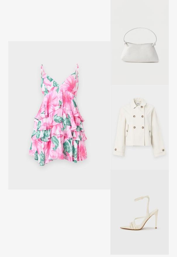 Kremfarvet, kort trenchcoat med dobbeltradet design, fire store gyldne knapper og sidelommer. Glat stof med en let glans.; Blomsterkjole med v-hals, lyserød og grøn overdimensioneret blomstermønster, lagdelte flæser og en let stofstruktur.; Beige sandaler med høje hæle og spids tå, med tre stropper foran og en tynd ankelrem med spænde. Glat tekstur, minimalistisk design.; Hvid fletlæderhåndtaske med afrundet håndtag og ender på remmen, der er knyttet, vist mod en ensfarvet baggrund.