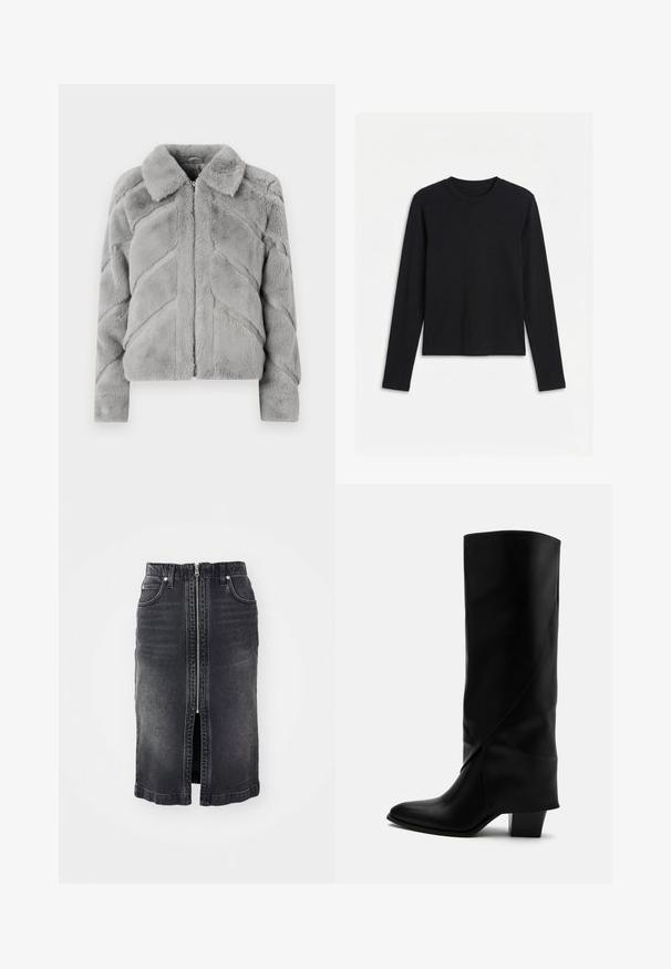 Vero Moda Synthetic fur VMSONJALUIS - Winterjas - griffin; Zwart, effen, nauwsluitend shirt met lange mouwen en ronde hals, afgebeeld tegen een witte achtergrond.; Zwarte denim rok met een ritssluiting aan de voorkant, twee zijzakken, een middelmatig lange snit en subtiele vervaging. Heeft een rechte snit en afgewerkte randen.; Hoge zwarte leren laars met schuine stiksels, puntige neus en stevige hak van gemiddelde hoogte op witte achtergrond.