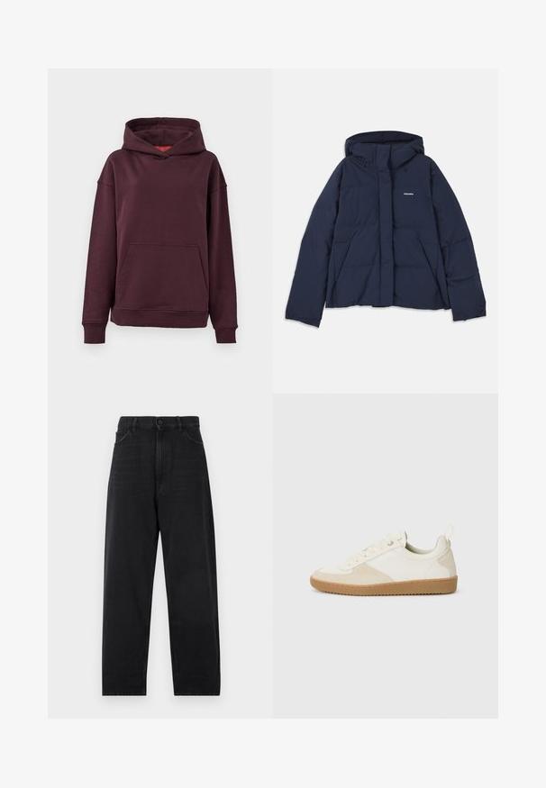 Mørkeblå dunjakke med snørehætte, fuld frontlynlås, to frontlommer og et lille hvidt logo på venstre bryst. Glat tekstur.; Bordeaux hoodie med kænguru-lomme, brede ærmer og en rummelig hætte. Fremstillet af blødt, strækbart bomuldsblandingsmateriale.; Sorte denimjeans med høj talje, lige ben-design, knaplukning og klassisk fem-lomme stil. Glat tekstur med diskret syning.; Hvide sneakers lavet af læder og ruskind, med en tekstureret overflade, rund form og gummisål. Snørebåndsdesign med pull tab.