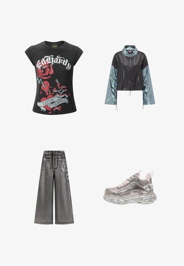 Chaqueta recortada con un frente negro liso y mangas de estampado animal brillante en azul verdoso, con un cuello alzado con cremallera y dobladillo ajustable.; T-shirt negro de manga corta con grandes rosas rojas y un gráfico de un corazón que incluye el texto "Ed Hardy" y "LOVE ETERNAL" en acentos blancos y azules.; Pantalones de mezclilla gris de pierna ancha que presentan una textura brillante, bolsillos frontales y un gráfico decorativo de mariposa en el costado. Contienen detalles desgastados.; Zapatilla deportiva gruesa metálica plateada y rosa con paneles brillantes, cordones blancos, suela gruesa y esculpida, y tira de talón con marca.