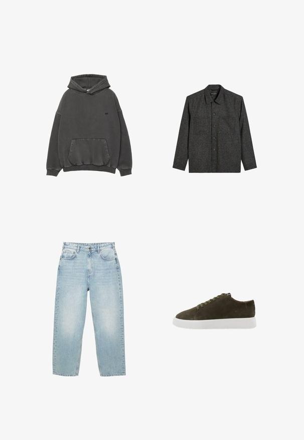 Mørkegrå skjorte med knapper i et struktureret stof, der har spread collar, lange ærmer og en brystlomme med et subtilt meleret mønster.; Mørkegrå hætte sweatshirt med frontlomme, ribbede ærmer og kant, samt lille sort broderet logo på brystet.; Lyseblå høj talje denim jeans med lige ben, for- og baglommer samt lukning med knap og synlig syning.; Oliven grüne ruskindssneakers med hvide gummisåler, rund tå, snøre-design og minimal mærkning på hælen og tungen.