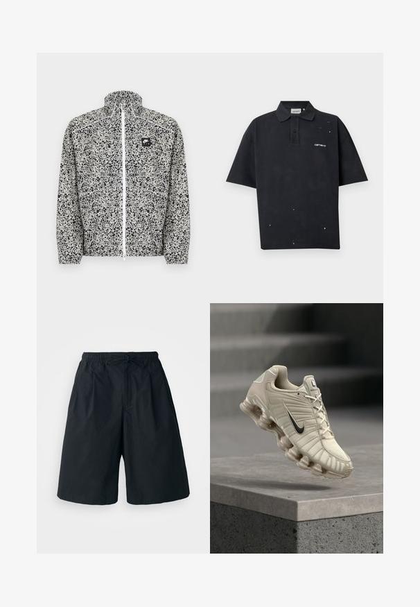 Ελαφρύ μπουφάν Nike με πουά μαύρο-άσπρο σχέδιο, ψηλό γιακά, πλήρες φερμουάρ εμπρός και μικρό λογότυπο στο στήθος.; Μαύρο πόλο με κοντά μανίκια, γιακά, τρία κουμπιά, λευκά νερομπογιές και λευκό λογότυπο "Carhartt" στο αριστερό στήθος.; Μαύρο σορτς με ελαστική μέση και ρυθμιζόμενο κορδόνι. Φτιαγμένο από ομαλό ύφασμα, με χαλαρή εφαρμογή και χωρίς ορατά σχέδια.; Μπεζ αθλητικό παπούτσι Nike με μαύρο σήμα, αεριζόμενο επάνω μέρος και χαρακτηριστική τμηματική σόλα, τοποθετημένο πάνω από μια τσιμεντένια πλατφόρμα.
