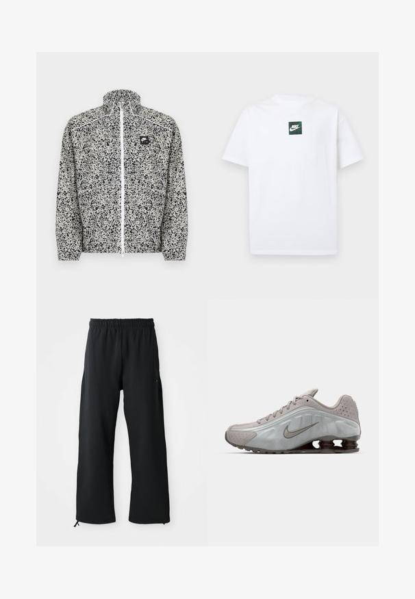 Let jakke fra Nike med et spraglet sort og hvidt mønster, høj krave, fuld lynlås foran og en lille logo-patch på brystet.; Hvid Nike T-shirt med korte ærmer og et lille grønt firkantet logo med Nike swoosh og tekst centreret på brystet.; Sorte bukser med brede ben lavet af blødt stof, med elastisk talje og snøre, sidelommer og en glat overflade.; Nike løbesko i lysegrå med en glat tekstur, buet design og synlige støddæmpningsfjeder i mørkebrun ved hælen.
