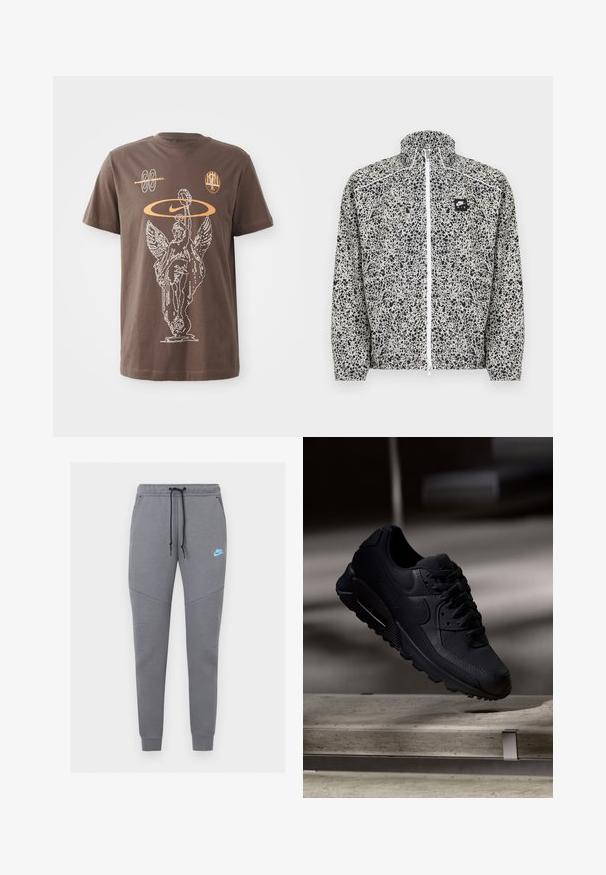 Ľahká bunda značky Nike s čierno-bielym bodkovaným vzorom, vysokým golierom, celým predným zipsom a malou logovou nášivkou na hrudi.; Hnedé bavlnené tričko s bielym kontúrovým grafickým znázornením krídlatej sochy, logom Nike a abstraktnými tvarmi v oranžovej farbe, s krátkymi rukávmi a okrúhlym výstrihom.; Sivé tepláky Nike s čiernou sťahovacou šnúrkou, elastickým pásom, zúženými nohavicami a svetlomodrým logom Nike na ľavom stehne.; Čierne tenisky Nike Air Max 90 s textúrovaným sieťovaným zvrškom, hladkými koženými akcentmi, polstrovaným golierom a viditeľným vzdušným odpružením v podrážke.