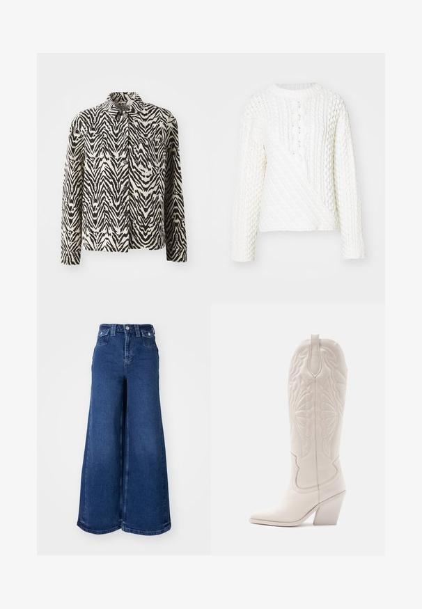 Sort og creme zebra-stribet jakke med lange ærmer, krave og knaplukninger; har en brystlomme og struktureret stof.; Hvid strikket sweater med et tekstureret kabelmønster, rund halsudskæring og lange ærmer. Designet inkluderer en diagonalt frontsektion.; Bredde ben jeans i mørkeblå denim, der har høj talje, frontlukning med knap og to forlommer. Glat tekstur med minimal syning.; Hvide læder cowboystøvler med spidse tæer og blokhæle. Har intrikate syninger på skaftet og en glat tekstur.
