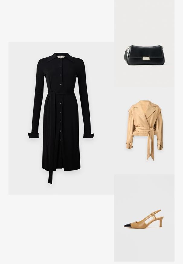 Veste courte beige clair avec de larges revers, manches longues avec sangles réglables aux poignets et ceinture en tissu assortie nouée à la taille.; Robe noire à manches longues en tissu lisse, avec un devant à boutons, un col et une ceinture à la taille. Manches à boutons et ourlet au genou.; Escarpins slingback couleur fauve avec embout pointu noir, côtés découpés et talon bloc de hauteur moyenne. Matière en cuir lisse.; Sac à bandoulière en cuir noir à la forme incurvée, doté d'une plaque en métal doré et d'une bandoulière amovible. Texture lisse.