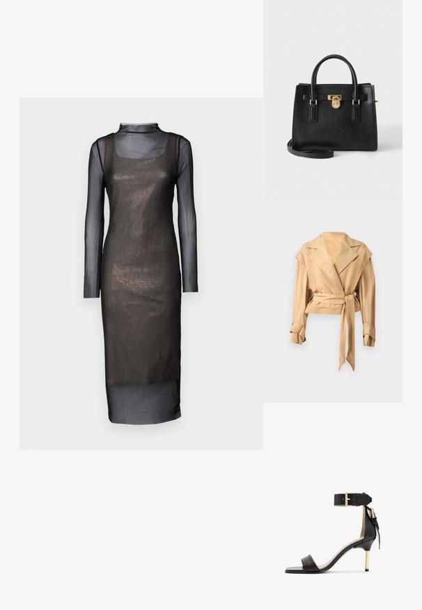 Veste courte beige clair avec de larges revers, manches longues avec sangles réglables aux poignets et ceinture en tissu assortie nouée à la taille.; Robe longue en mesh noir à manches longues avec une silhouette ajustée. Dotée d'un décolleté carré et d'un revêtement transparent. Texture lisse avec un design en couches.; Sandale à talon en cuir noir avec un bout carré, une bride de cheville dotée d'une boucle en or et un talon métallique fin. Texture lisse, design minimaliste.; Sac à main en cuir noir texturé avec deux poignées, détail verrou doré et bandoulière amovible sur un fond clair uni.