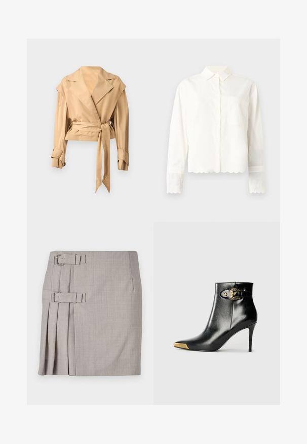 Hellbeige, kurz geschnittene Jacke mit breiten Revers, langen Ärmeln mit verstellbaren Manschettenriemen und einem passenden Stoffgürtel, der in der Taille gebunden ist.; Weißes Langarmhemd mit Kragen, verziert mit einem wellenförmigen Saum und gestickten Blumenakzenten an den Manschetten. Inklusive einer Brusttasche.; Grauer Rock aus strukturiertem Stoff, mit seitlichen Falten und zwei Schnallenakzenten für eine individuell anpassbare Passform. Klassische gerade Form, knielanges Design.; Schwarzer Knöchelstiefel aus glänzendem Leder mit spitz zulaufender Zehenpartie, Stöckelabsatz und goldfarbener Hardware mit dekorativem Schnallendetail.