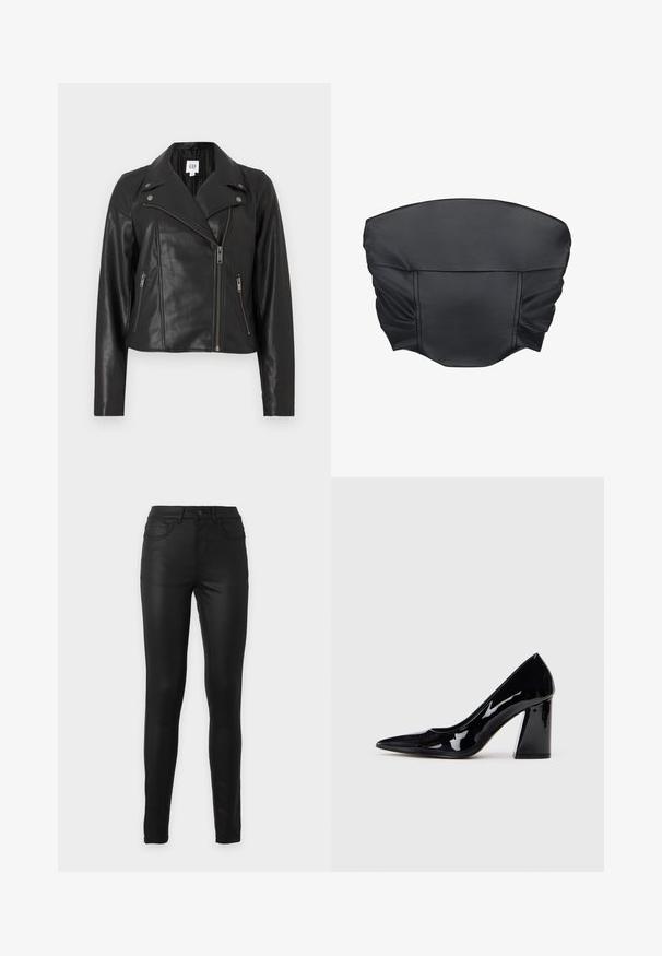 Sort kortlæderjakke med hakket krave, asymmetrisk frontlynlås og sølvfarvede detaljer. Har sidelommer og glat tekstur.; Sorte faux læder cropped top med sammensat tekstur og en struktureret form, der har en glat overflade og minimale sydetaljer.; Sorte højtaljede skinny jeans med for- og baglommer, bæltestropper og knaplukning på ensfarvet baggrund.; Sorte lakerede højhælede sko med spids tå og en kraftig hæl, der har en glat, skinnende overflade og et elegant design.