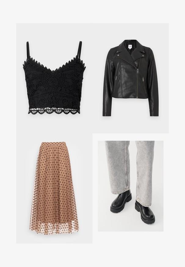 Veste courte en cuir noir avec un col à revers, une fermeture zippée asymétrique sur le devant et des éléments métalliques argentés. Comprend des poches latérales et une texture lisse.; Bralette en dentelle noire avec motif floral, bords festonnés, bretelles réglables et tissu texturé. Conception légère et ajustée.; Jupe longue et transparente en tulle doux, de couleur brun clair avec des pois noirs. Taille élastique et design en couches qui accentuent le flux et le mouvement.; Vagabond COSMO - Bottines à plateau - black
