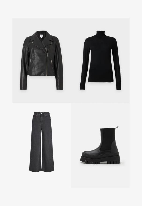 Sort kortlæderjakke med hakket krave, asymmetrisk frontlynlås og sølvfarvede detaljer. Har sidelommer og glat tekstur.; Sort turtleneck sweater lavet af blødt, letvægtsmateriale. Har lange ærmer og en tætsiddende stil med høj krave.; Sorte jeans med høj talje og vide ben, lukkes foran med knap og lynlås, forlommer og frynset kant.; Sorte ankelstøvler med en glat læderoverdel, elastiske sidepaneler og en chunky gummisål med dybe riller for bedre greb.