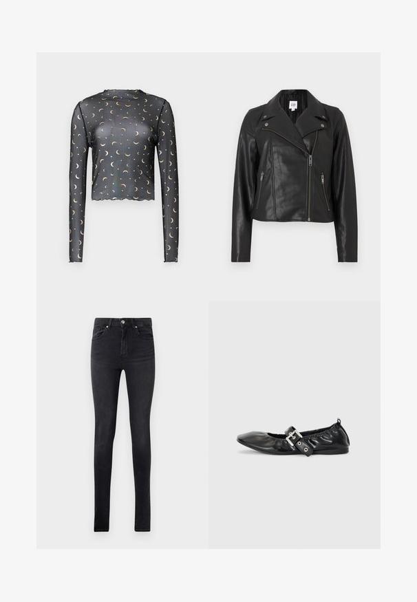 Schwarze Lederjacke in Cropped-Länge mit Reverskragen, asymmetrischem Frontreißverschluss und silbernen Beschlägen. Verfügt über Seitentaschen und eine glatte Textur.; Schwarzes Langarm-Top aus Netzstoff mit goldenen Muster von Mondsichel und Sternen, cropped Länge und welliger Saumdetail.; Schwarze Slim-Fit-Jeans aus Denim mit fünf Taschen und einem Knopfverschluss an der Taille, auf einem schlichten weißen Hintergrund präsentiert.; Schwarze Leder-Ballerinas mit spitzem Zehenbereich, gerafften Details am Schaft und einem silbernen Schnallenakzent am verstellbaren Riemen.