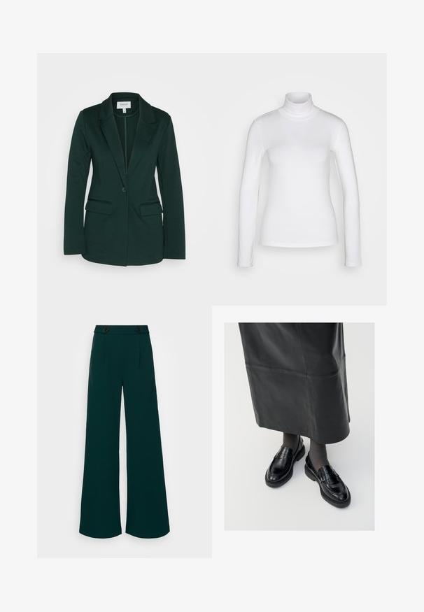 Mørkegrøn blazer lavet af blødt materiale, med almindelig lapel, to forlommer og en enkelt knaplukning. Glat tekstur.; Hvid langærmet mærket skjorte lavet af et glat, strækbart stof. Har en tætsiddende pasform og en høj krave. Ingen synlige mønstre eller detaljer.; Bredde bukser i mørk teal stof, med høj talje og dobbelte knaplukninger, skarpe folder og en glat, strømlinet tekstur.; Sorte læder loafers med en glat finish, prydet med en dekorativ rem, rund tå og tekstureret sål. Båret med en lang sort læderskirt.
