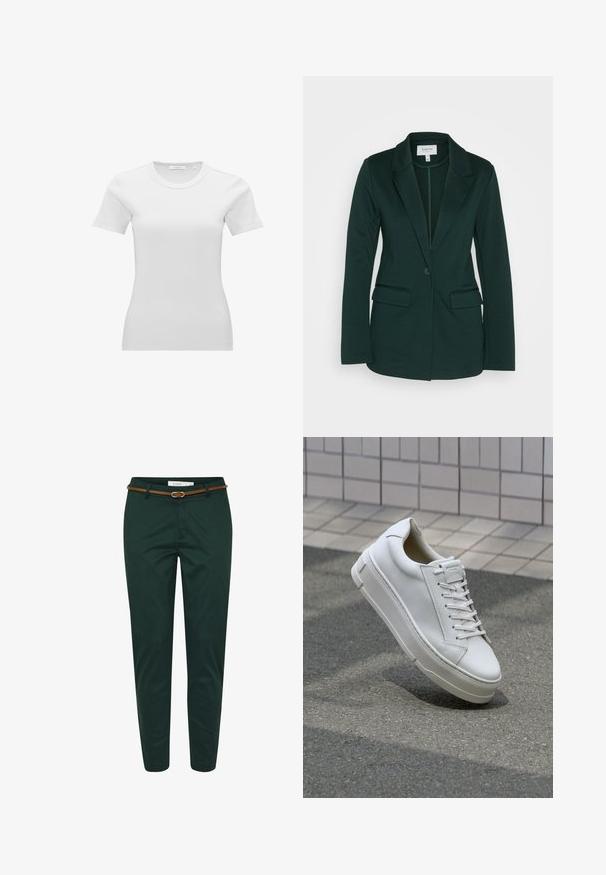 Donkergroene blazer van zacht materiaal, met een notch lapel, twee voorzakken en een enkele knoopsluiting. Glad van structuur.; Witte nauwsluitende dames T-shirt met korte mouwen, geribbeld en met een ronde hals en een klein maatlabel aan de binnenzijde van de kraag.; Donkergroene slim-fit broek met een bruine riem, knoopsluiting aan de voorkant en rits, getoond tegen een witte achtergrond.; Witte leren sneaker met een low-top ontwerp, platte veters, ronde neus en textuur zijden. Dikke rubberen zool met subtiele accenten.