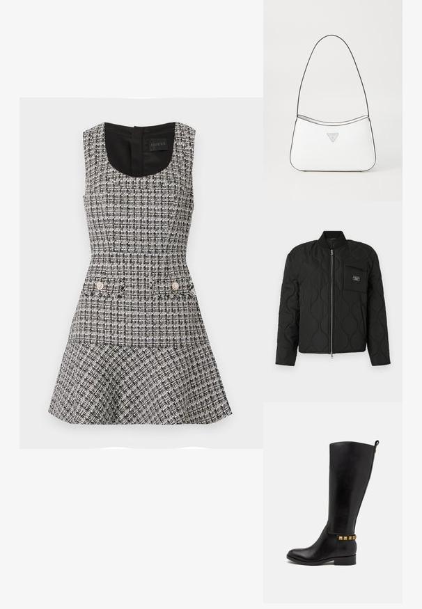 Guess Jeans QUILTED PUFFER JACKET - Chaquetas bomber - jet black; Vestido sin mangas en tweed blanco y negro con corsé ajustado, falda acampanada y dos bolsillos frontales adornados con embellishments redondos.; Bota de cuero negra hasta la rodilla con punta redonda, un tacón bajo y tachuelas metálicas doradas en el tobillo. Textura suave con un diseño ajustado.; Bolso de mano blanco con un diseño elegante y curvado, que cuenta con una delgada correa negra y un acento de logotipo triangular plateado. Textura suave y un detalle mínimo.
