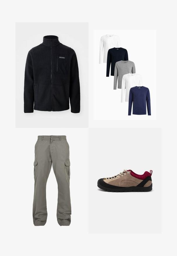 Sort fleecejakke med høj hals, fuld frontlynlås og lynlås-lomme på brystet. Tekstureret, blødt stof med minimale sømme.; Fem langærmede t-shirts i hvid, marineblå, grå og mørk marineblå; rund halsdesign; lavet af blødt bomuldsstof; glat tekstur.; Lysegrå cargobukser lavet af bomuld med to sidelommer, to cargolommer, lige ben og lynlås.; Sko med overdel i beige ruskind, sort gummisål, lyserøde mesh-detaljer og grå snørebånd. Har perforeringer for åndbarhed og et håndtag til at trække i.