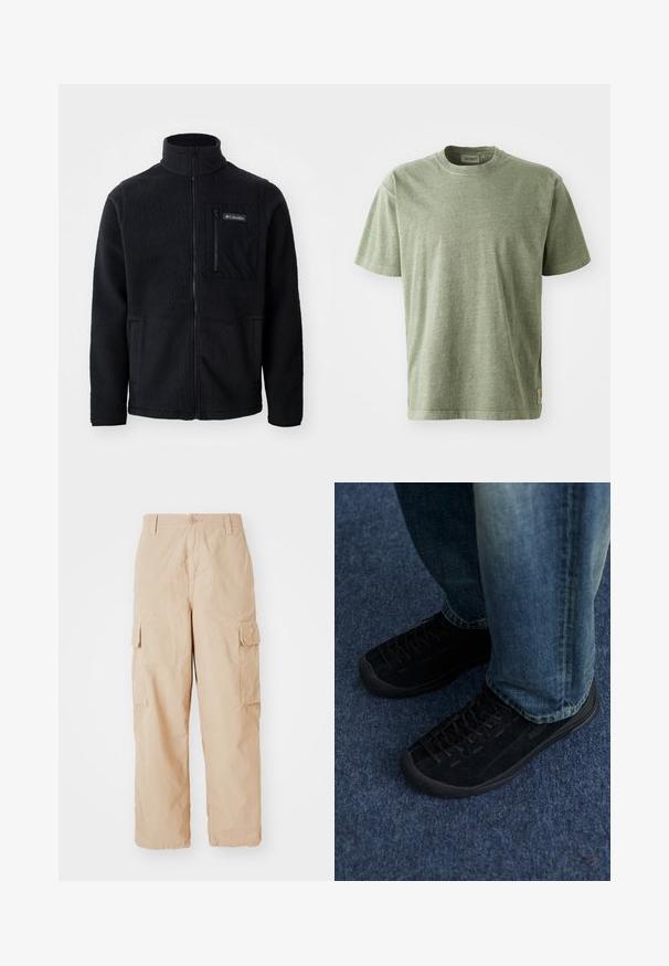 Chaleco de forro polar negro con cuello alto, cremallera frontal completa y un bolsillo de pecho con cremallera. Tejido suave y texturizado con costuras mínimas.; Camiseta de algodón verde oliva con mangas cortas, escote redondo y una textura sutil. Presenta una pequeña etiqueta de logo en el costado.; Pantalones cargo beige con un corte relajado, hechos de una tela ligera, que cuentan con dos bolsillos laterales de carga y un cierre de botón en la cintura.; Zapatillas de ante negro con superficie texturizada, cordones sutiles y suelas de goma duraderas, combinadas con jeans de denim azul.
