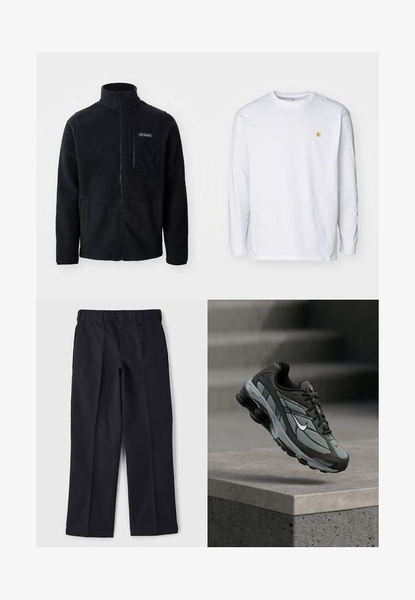 Chaleco de forro polar negro con cuello alto, cremallera frontal completa y un bolsillo de pecho con cremallera. Tejido suave y texturizado con costuras mínimas.; Camiseta de manga larga blanca de algodón. Cuenta con un pequeño logo dorado en el pecho y un cuello redondo. Diseño simple y corte estándar.; Pantalones negros de tela duradera, con un diseño de corte recto, cinturilla con pasadores para cinturón y sin bolsillos ni adornos visibles.; Zapatilla deportiva gris y negra con paneles de malla y suela gruesa, posicionada en el aire sobre un saliente de hormigón con escaleras de fondo.