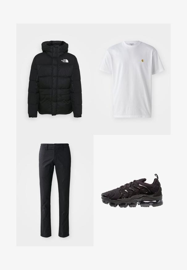 Sort puffjakke med hætte, med et quiltet design og et logo på venstre bryst. Lavet af nylon med en glat tekstur.; Hvid bomulds t-shirt med korte ærmer, rund hals og et lille guld logo på venstre brystområde. Blød tekstur og almindelig pasform.; Sorte lige ben bukser lavet af glat stof med en enkelt knaplukning og bæltestropper. Minimalistisk design uden synlige mønstre.; Sorte atletiksko med et tekstureret stofoverdel, metalliske detaljer og en markant luftfyldt sål. Har distinkte bølge-lignende designelementer.
