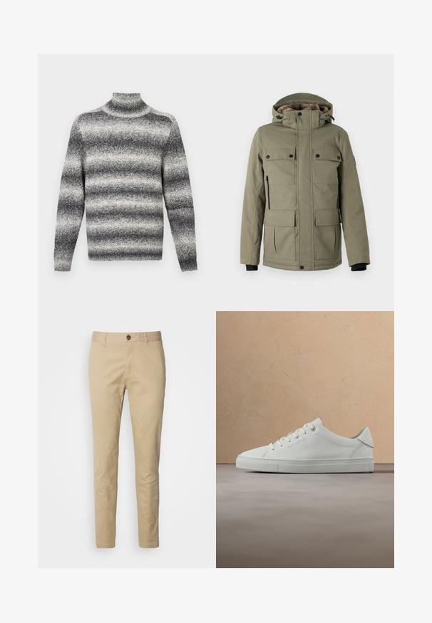 TOM TAILOR FIELDJACKET - Wintermantel - smokey olive green; Grijs en wit gestreepte coltrui met een geribbelde hals, biedt een zachte textuur en standaard lange mouwen.; Beige chino's met een knoopsluiting, slanke pasvorm en een gladde katoenstof. Bevat stikdetails en een standaard vijfzakkenontwerp.; Witte leren lage sneaker met veters, zwevend boven een beige vloerkleed met textuur, vlakbij een ronde houten salontafel met boeken.