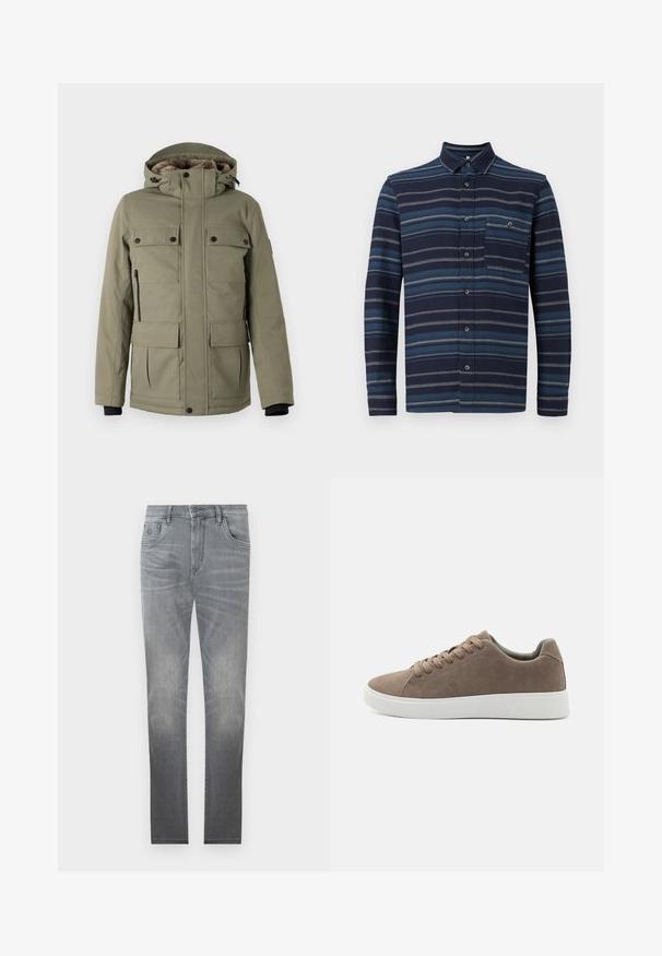TOM TAILOR FIELDJACKET - Vinterfrakke - smokey olive green; Langærmet skjorte med knapper, der har en marineblå baggrund med varierende blå vandrette striber, en krave og en brystlomme. Blød tekstur.; Grå denim jeans med et falmet design, fem-lommer stil, knaplukning og lige ben. Glat tekstur med let slid ved kanterne.; Brune ruskinds sneakers med flade hvide gummisåler, snørelukning, rund tå og en glat overflade. Minimalistisk stil med diskrete syninger.