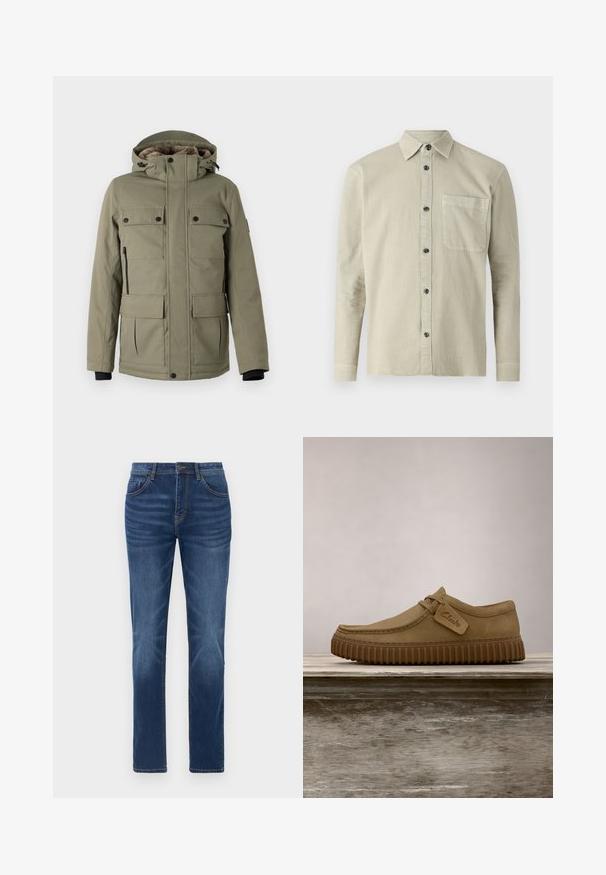 TOM TAILOR FIELDJACKET - Vinterfrakke - smokey olive green; Langærmet skjorte i lyse beige stof. Har en spids krave, en brystlomme og sorte knapper. Enkel, struktureret design.; Mørkeblå denimjeans med en klassisk lige pasform, fem-lomme design og let falmede detaljer på benene. Har knap- og lynlåslukning.; Lysebrune ruskindsko med rund tå, syet detaljer og en ribbet brun gummisål. Har et sidemærke med "Clarks" logo.