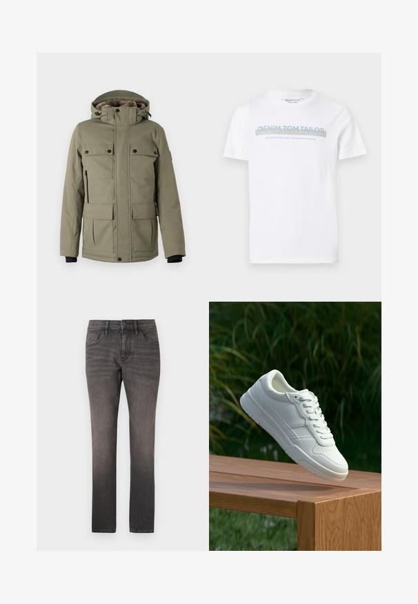 TOM TAILOR FIELDJACKET - Vinterfrakke - smokey olive green; Hvid bomulds T-shirt med rund halsudskæring, korte ærmer og et blåt grafisk tekstdesign, der siger "DENIM TOM TAILOR etableret 2007."; TOM TAILOR JOSH - Jeans Straight Leg - used dark stone black denim; Hvide lædersneakers med en glat overflade, prydet med perforeret design, klassisk snørering og gummisål, placeret over en træoverflade.